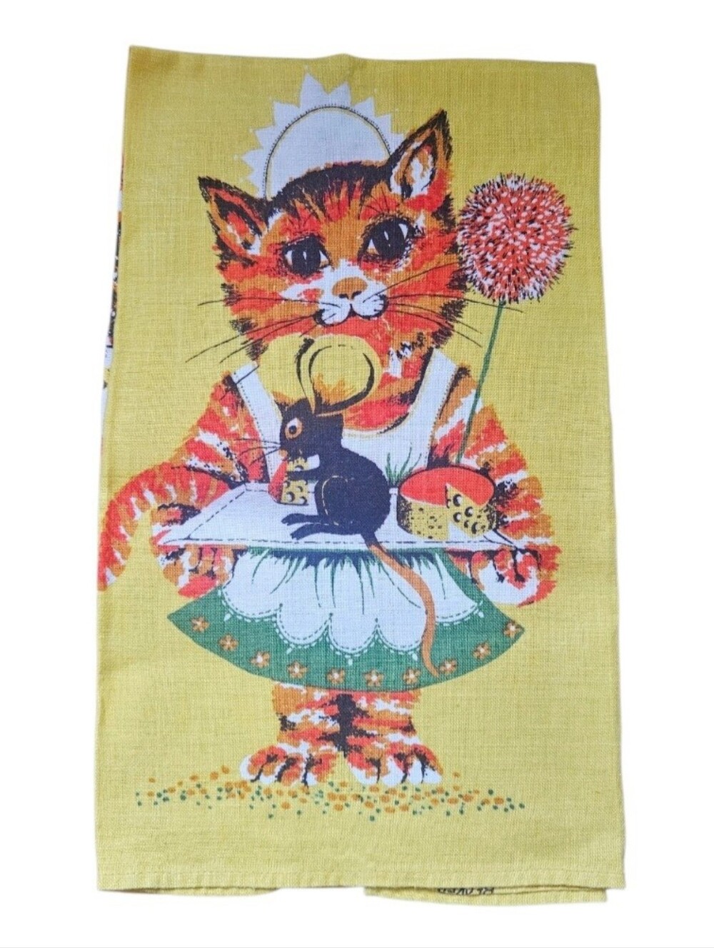 Vintage Kitschy MCM Cat Server Linen Tea Towel Mouse Eating Cheese On Tray